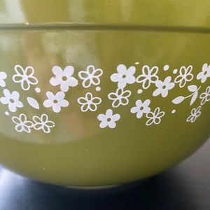 Olive green, 9 inch Pyrex bowl, Spring Blossom pattern.